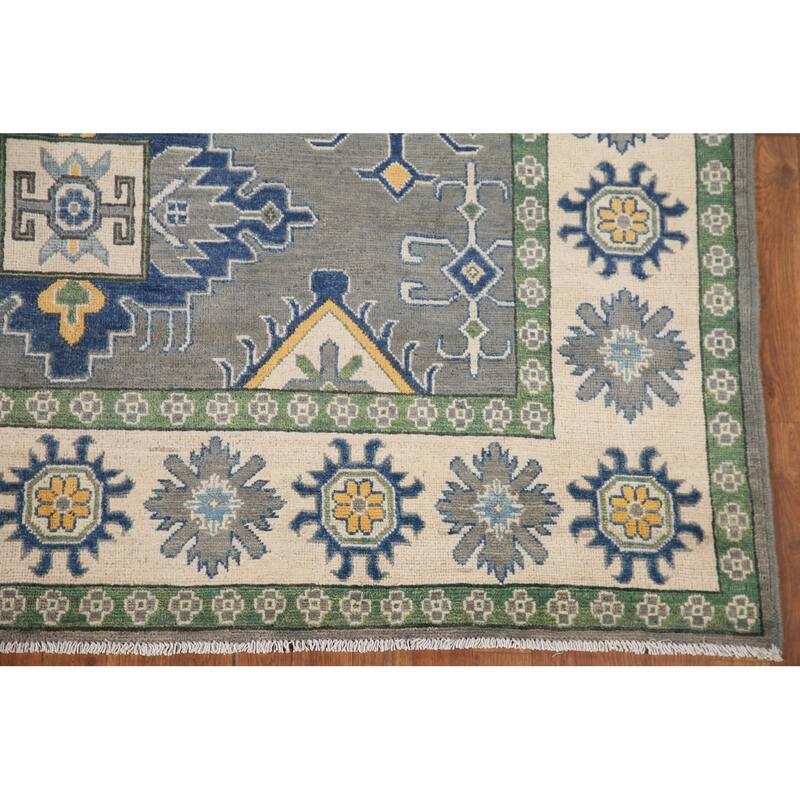 Hand Knotted Oriental 100% Wool Carpet Traditional Geometric Greys & Charcoal Kazak Area Rug - 9' 10'' X 6' 8''