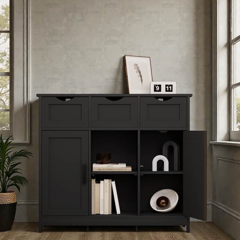 Wooden Storage Cabinet with Drawers and Adjustable Shelves, Floor Accent Cabinet for Living Room Bedroom