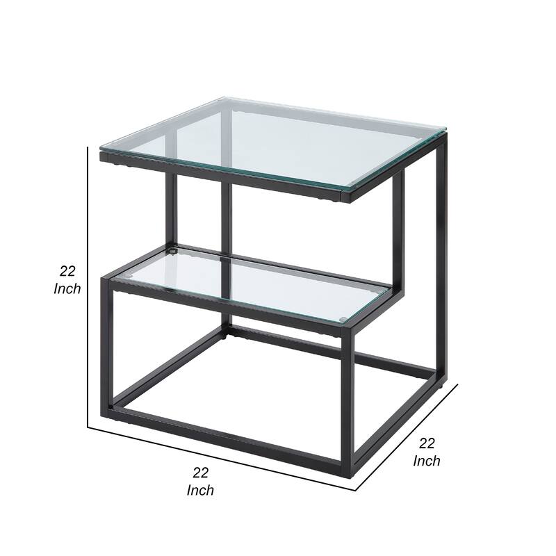 Elena End Table with 2-Tier Design, Glass Top and Shelf, Black Metal