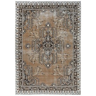 Hand Knotted Brown Overdyed & Vintage with Worn Wool Oriental Rug (7' x ...