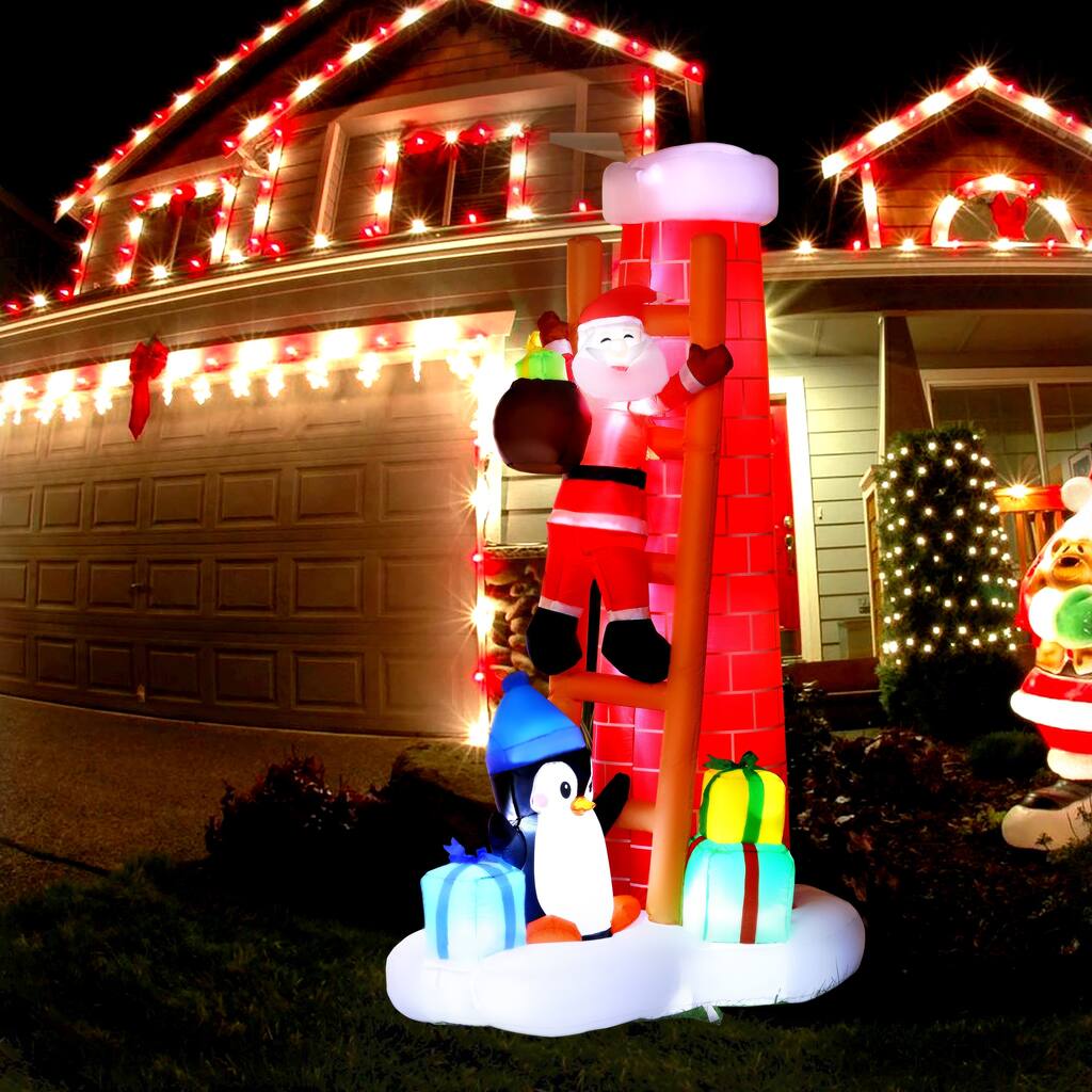 7Ft Inflatable Santa On the Roof Chimney Christmas Decoration with LED Lights