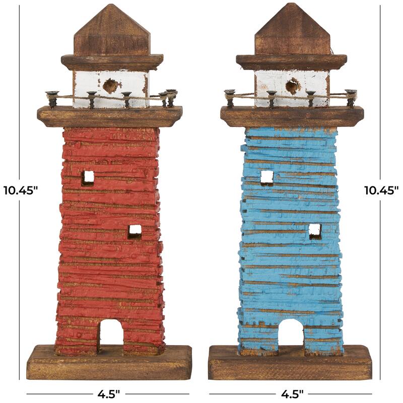 Red Wood Distressed Light House Decorative Sculpture with Blue and Brown Accents (Set of 2)
