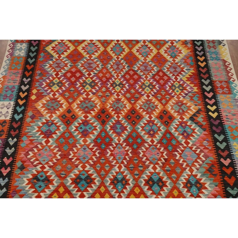 Orange Kilim Area Rug Hand-Woven Geometric Wool Carpet - 8'1" x 11'8"