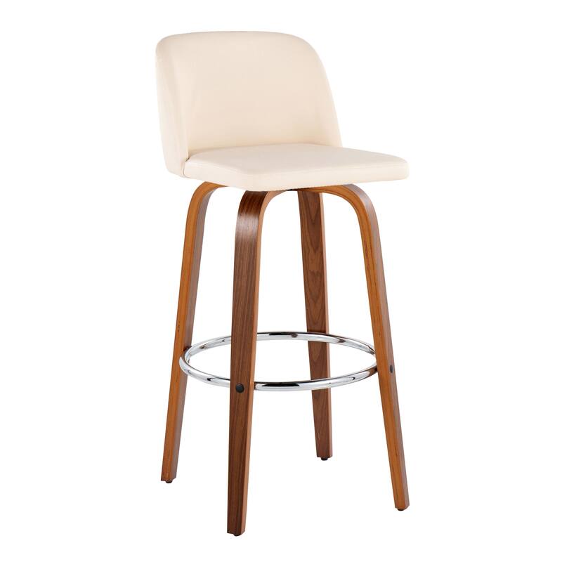 Carson Carrington Vallberga 30" Fixed-Height Bar Stool with Walnut Wood Base (Set of 2) - Cream Faux Leather/Round Chrome Footrest
