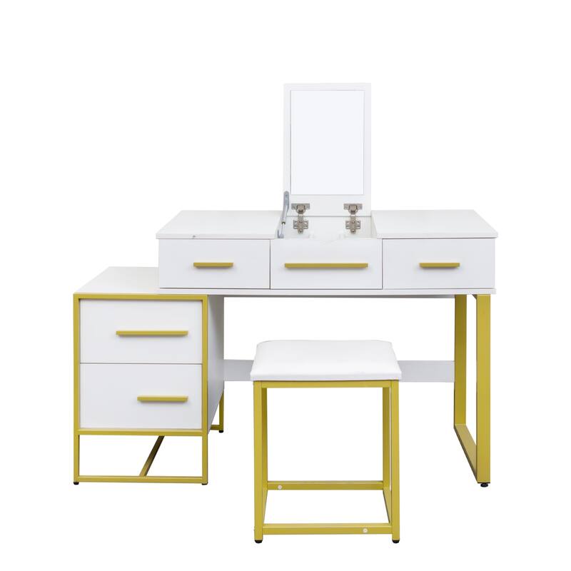 Vanity Desk with Flip Top Mirror, Large Wooden Dresser Table, Makeup Vanity Set with 4 Storage Drawers and Cushioned Stool