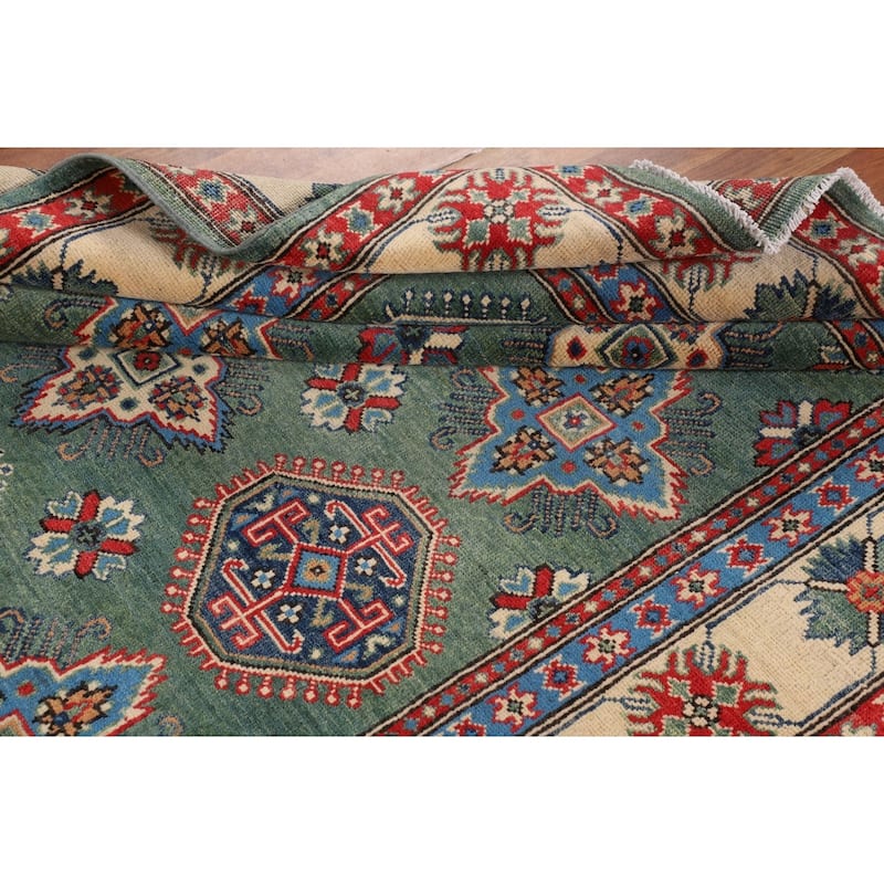Kazak Oriental Area Rug Handmade Green Geometric Wool Carpet - 5'1" x 7'3"