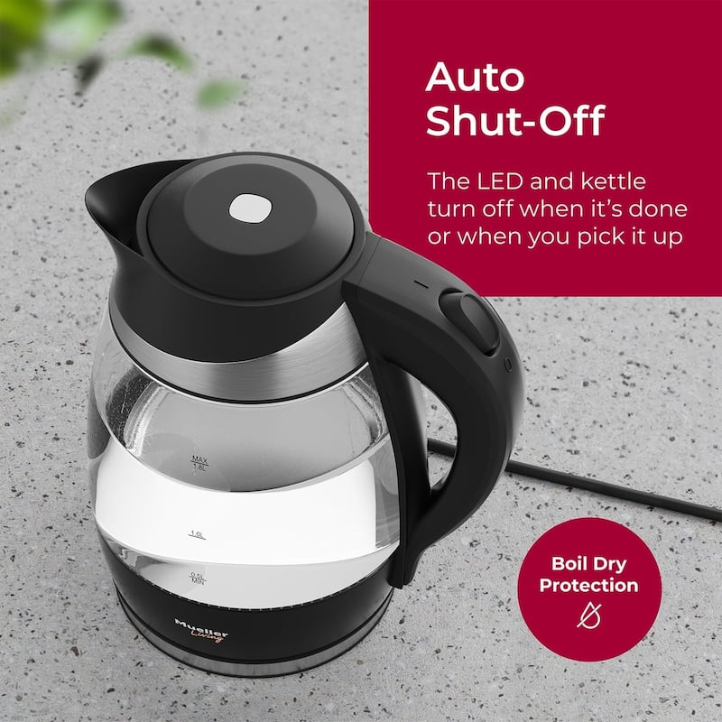 MuellerLiving Electric Kettle, 1500W SpeedBoil with Auto Shut-Off, 1.8L Cordless with LED Light, Borosilicate Glass, BPA Free
