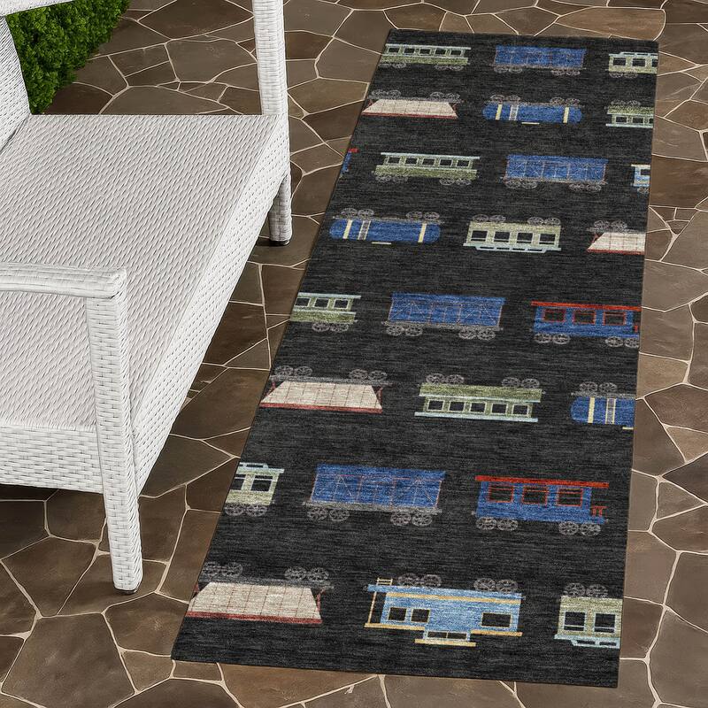 Machine Washable Indoor/ Outdoor Modern Train Chantille Rug - Black - 2'3" x 7'6"