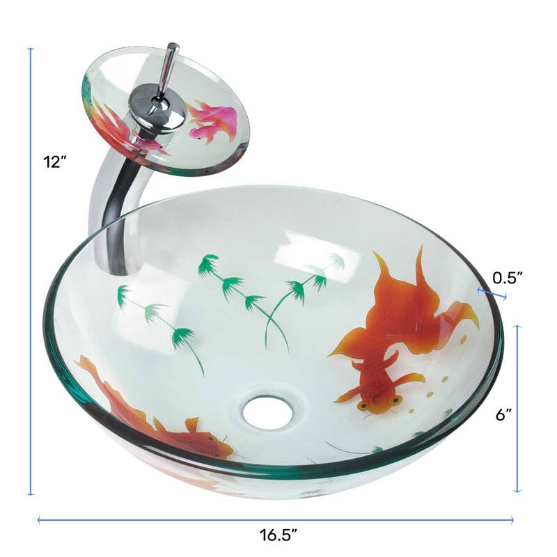 Countertop Sink 16.5" Round Koi Fish Style Tempered Glass Sink with Waterfall Faucet and Chrome Drain Renovators Supply