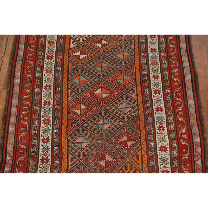 Hand Knotted Oriental 100% Wool Carpet Traditional Geometric Oranges & Rust Kazak Runner Rug - 8' 6'' X 3' 8''