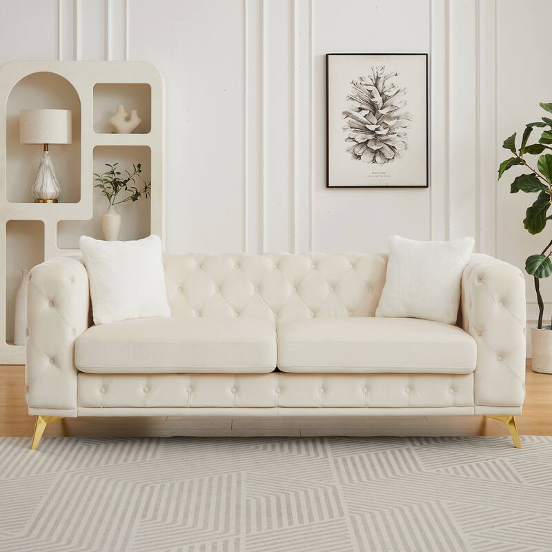 Modern Luxury Velvet Sofa with Chesterfield Quilted Button Accents - Beige