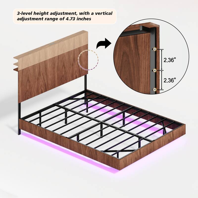 Queen Walnut Floating Bed Frame with LED Lights, Charging Station, Wavy Headboard, Heavy Duty Metal Support