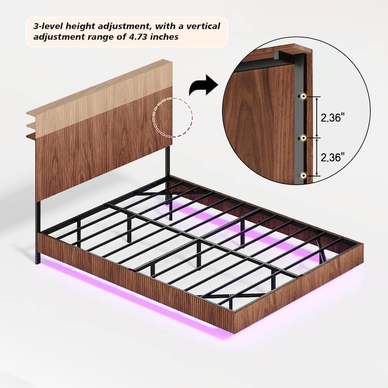 Walnut Queen Floating Bedstead, With Charging Station And Led Lights, Wavy Headboard, With Heavy Metal Flat Noodles