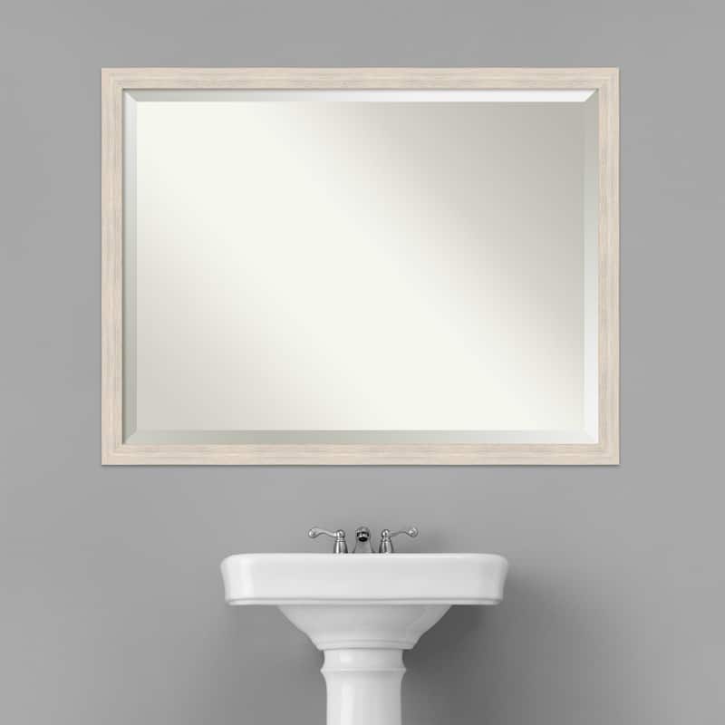 Beveled Wood Bathroom Wall Mirror - Hardwood Whitewash Narrow Frame - Hardwood White Wash Narrow