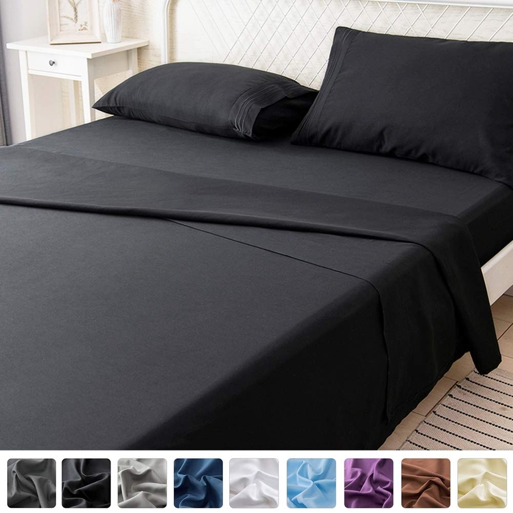 Easy Care Soft Brushed Microfibre Fabric Black, Double Amour Calin 4 Piece Bed Sheet Set Flat Sheet Shrinkage and Fade Resistant Fitted Sheet with Pair of Pillowcases 