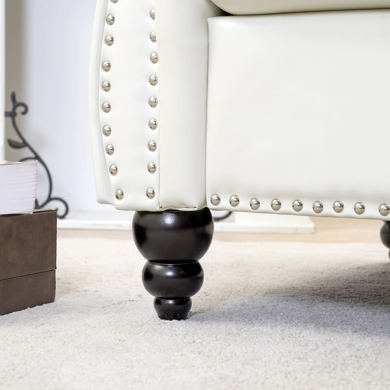 White PU 38.98" Buttons Tufted Accent Chair with Birch Legs