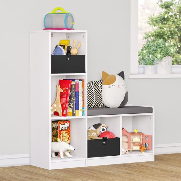 slide 2 of 8, RiverRidge Kids Cubby Storage Organizer Bench with 5 Toy Storage Shelves and Cushioned Seat for Playroom Storage - White
