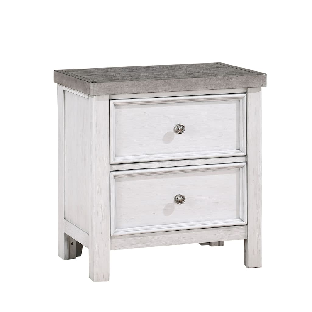 Amby Nightstand, 2 Drawers, Farmhouse Antique White, Gray Acacia Wood