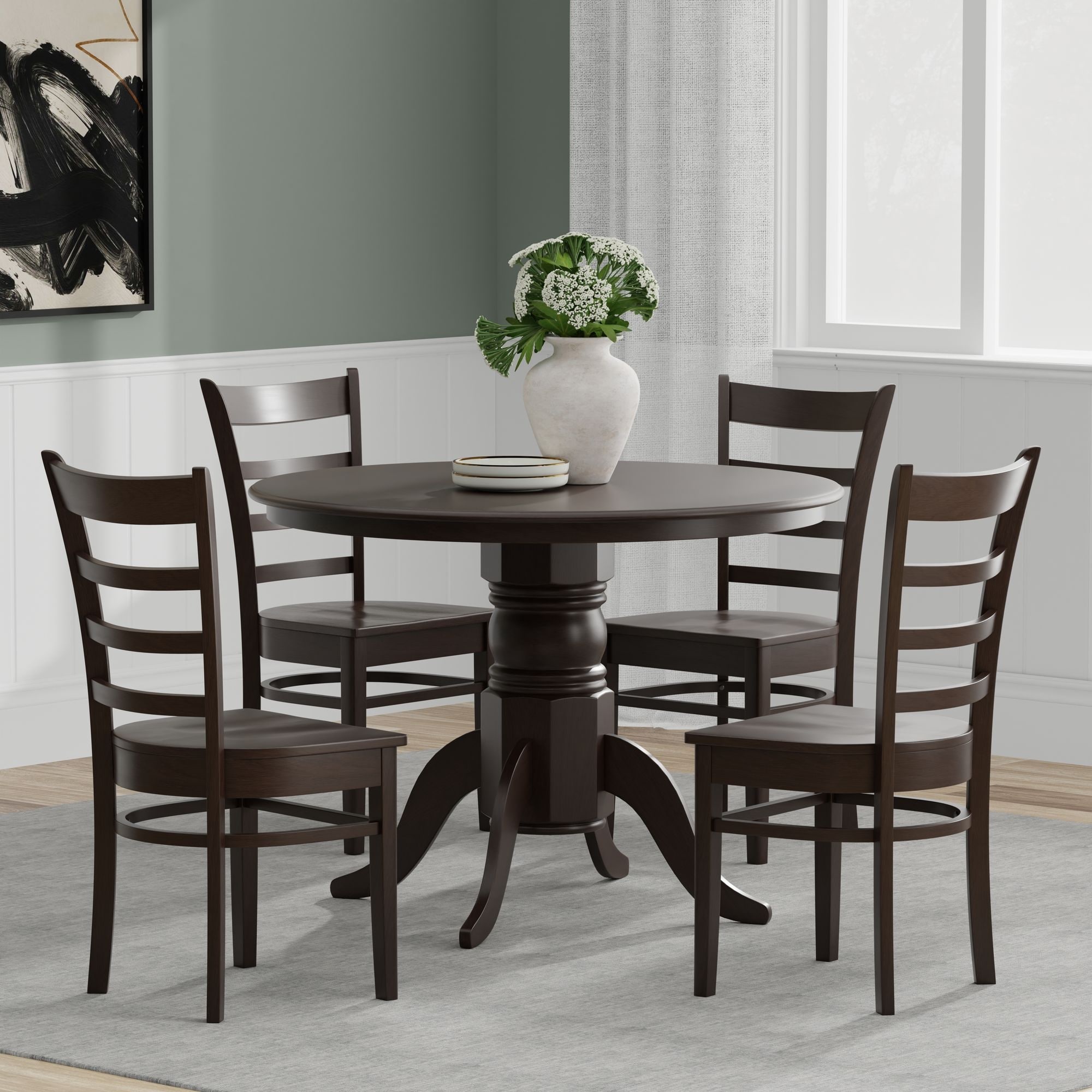 5-Piece Dining Set, 42" Round Pedestal Table and Slat Back Chairs
