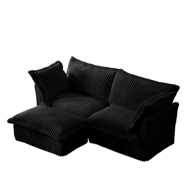 Corduroy Slipcovered 2-Seater Sectional Sofa with Convertible Ottoman, Wide and Deep Seat,and Soft Multiple Big Pillows