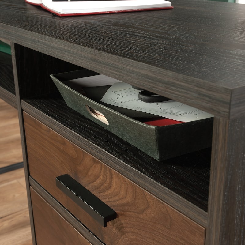 Brown L-Shaped Desk with 2 Drawers and Storage Cubby Home Office Workstation