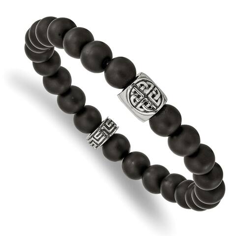 Chisel Stainless Steel Antiqued and Polished Black Agate Stretch Bracelet