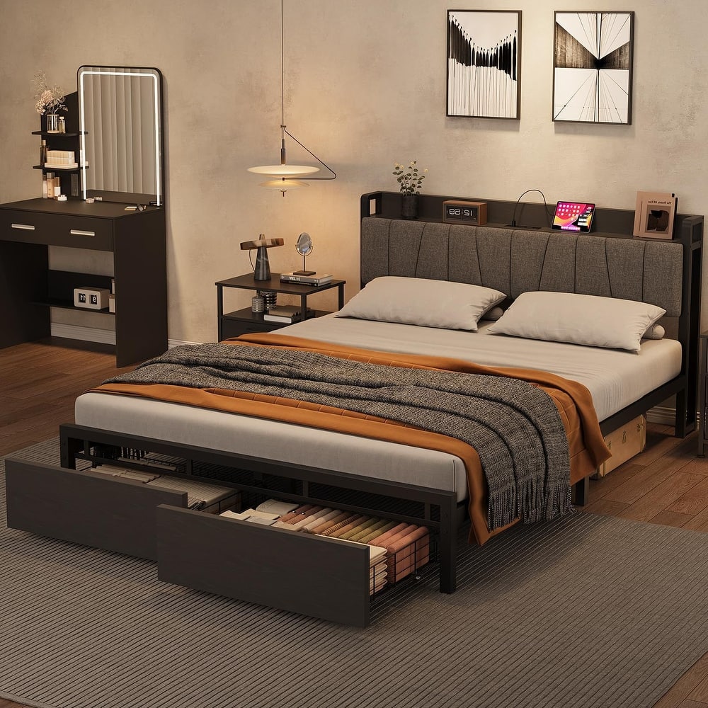 Industrial Full Platform Bed, Storage Headboard/2 Large Drawers/Charging Station