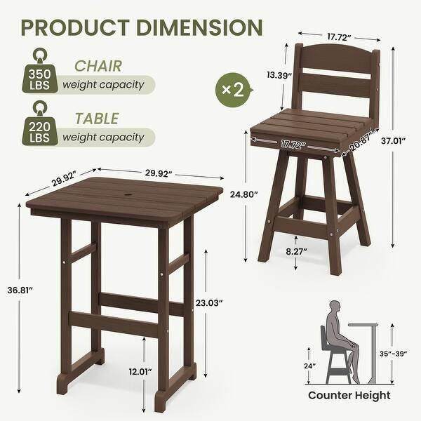dimension image slide 1 of 5, 3-Piece HDPE Counter Height Bar Set with 2 24.8'' Height Swivel Bar Stools and 29.92'' W Square Bar Table,Pub table sets of 3