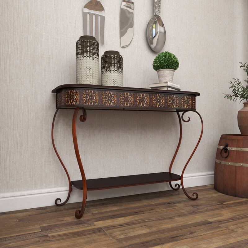 Brown Metal Embossed 1 Shelf Floral Console Table with Ornate Scroll Legs