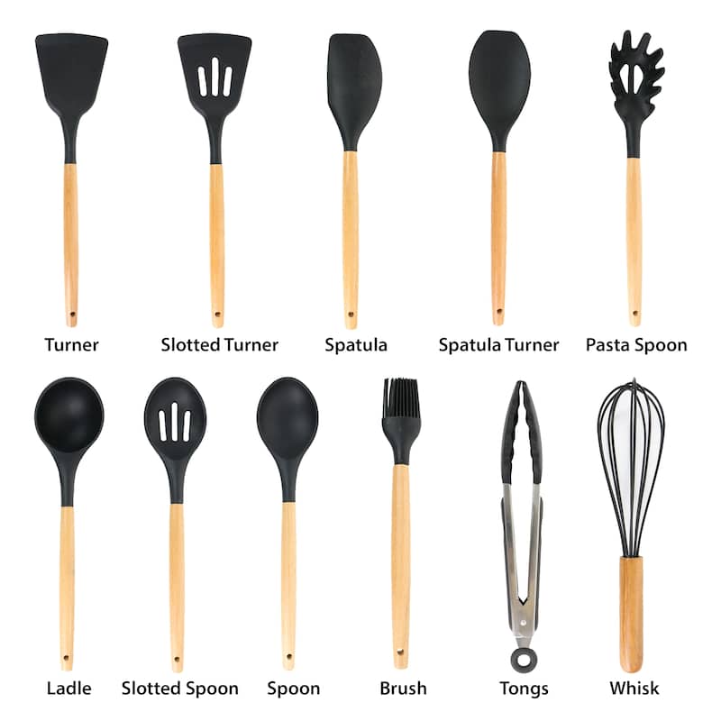 MegaChef 12 Piece Black Silicone and Wood Kitchen Utensil Set