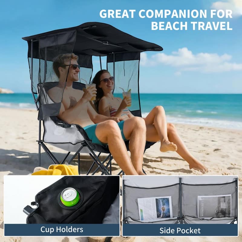 Double Beach Chair with Canopy Shade, Cup Holder and Side Pocket
