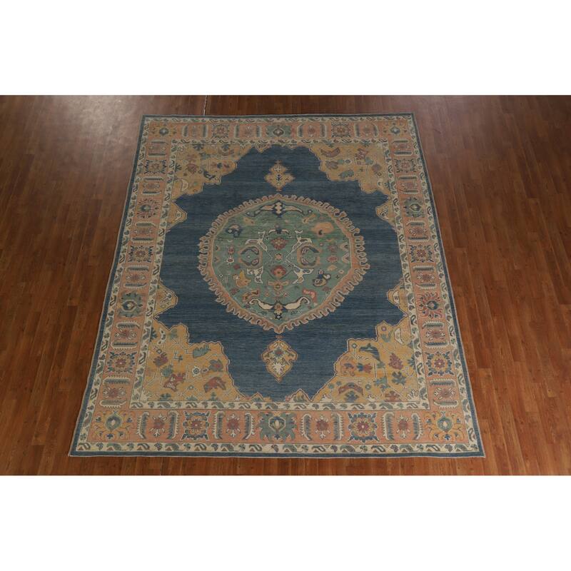 Hand Knotted Oriental 100% Wool Carpet Transitional Medallion Navy Blue & Blues Oushak Area Rug - 10' 1'' X 8' 3''