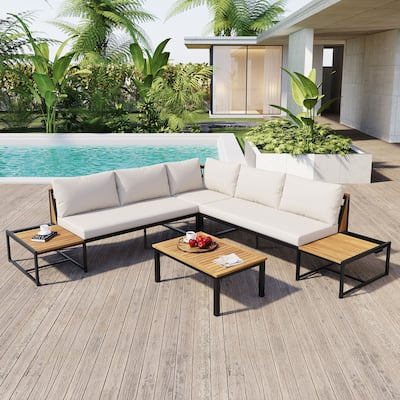 Furniture Set with Loveseats, 4 Pieces Outdoor Sofa Set with Waterproof Cushions, Patio Furniture with Durable Iron-Wood Design