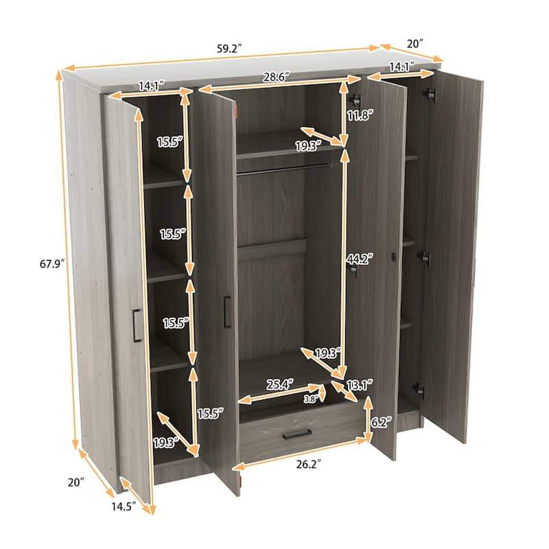 4-Door Wardrobe with 1 Drawer,Armoires with Shelves and Hanging Rods