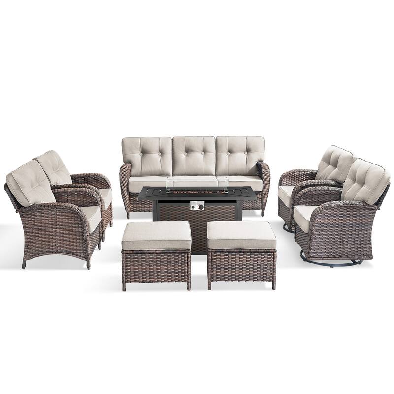 Pocassy Outdoor 43 In Fire Table with Sofa Swivel Patio Chair Set