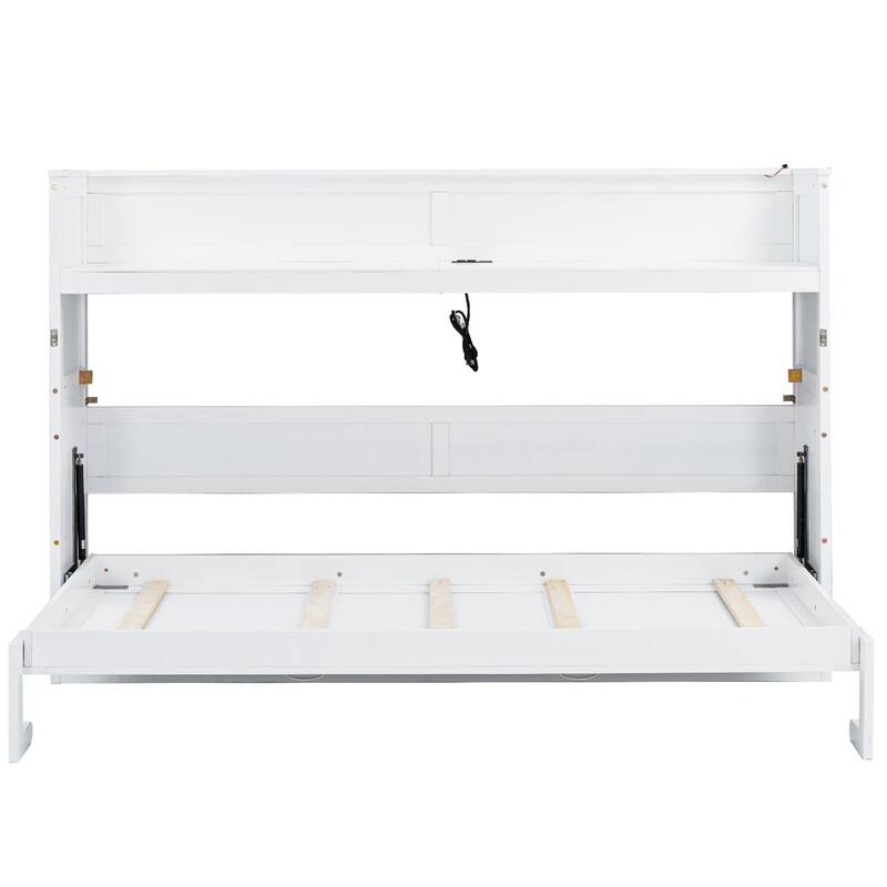 Twin XL Size Wood Murphy Bed w/ Desk,LED Light,USB Charging Station
