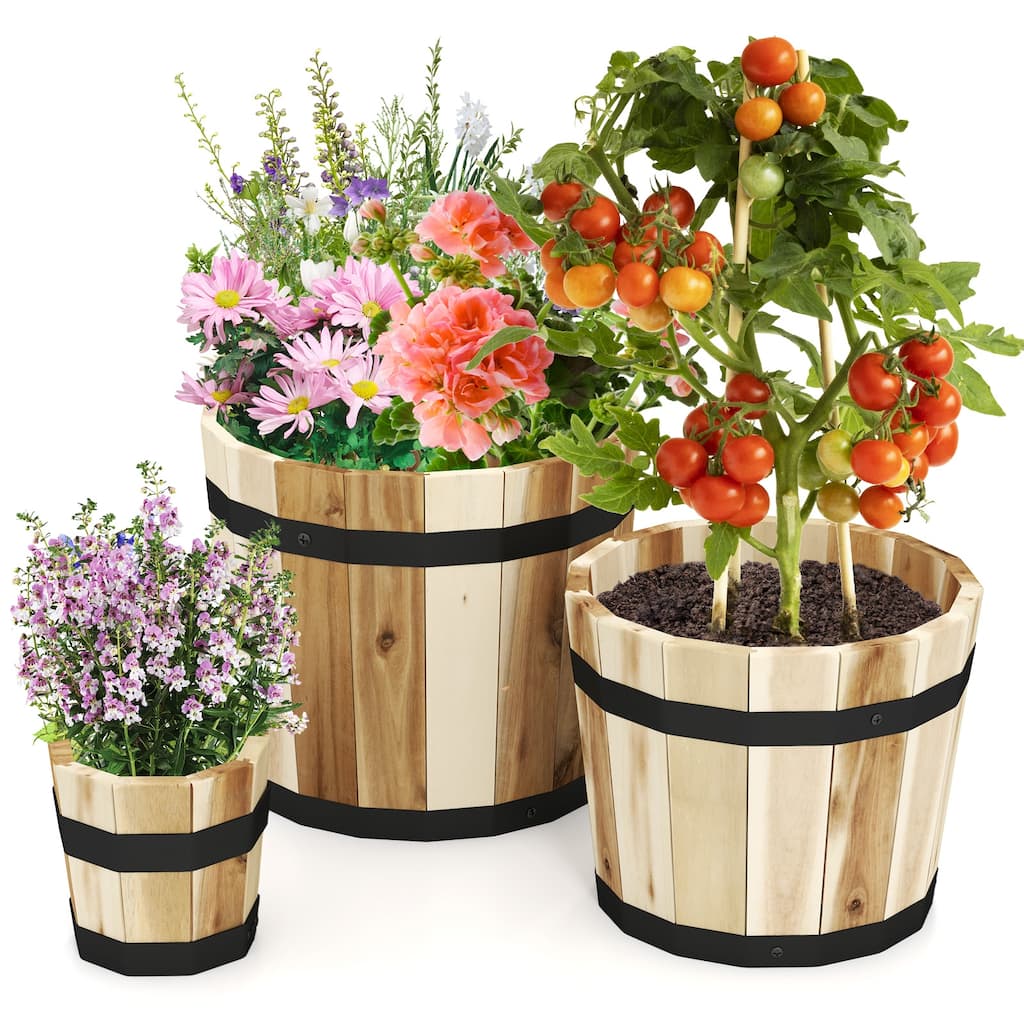 Gymax Outdoor Wooden Planter Box Set of 3 w/ Drainage Holes for Flower