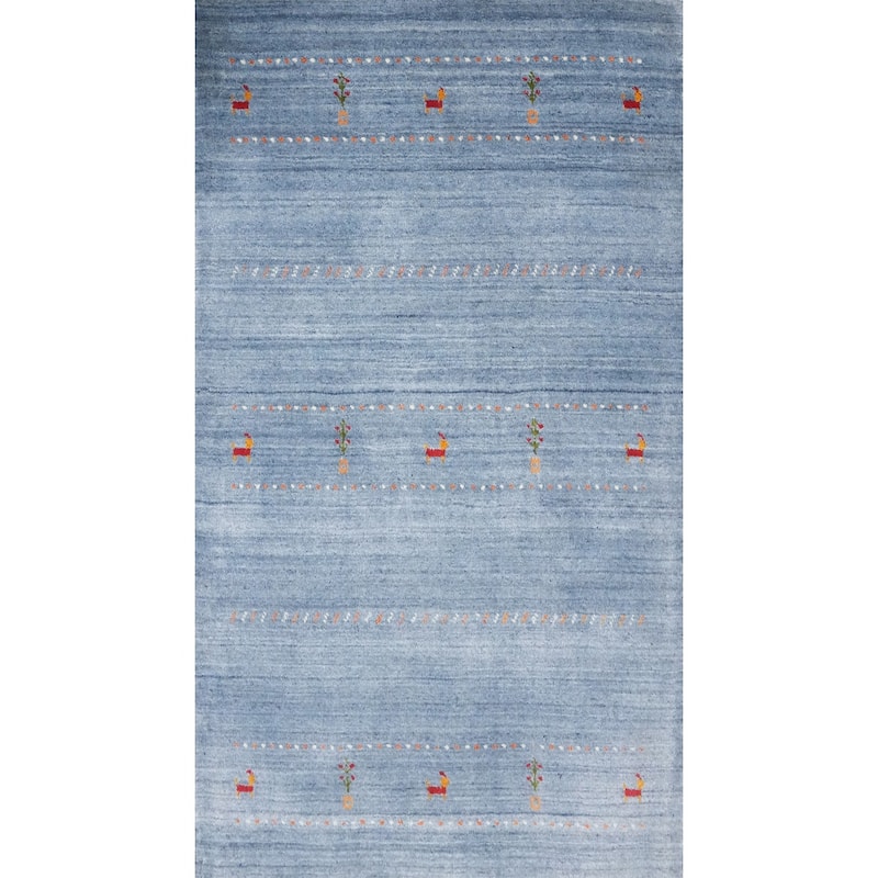 Hand Knotted Oriental 100% Wool Carpet Tribal Animal Pictorial Navy Blue & Blues Gabbeh Area Rug - 4' 10'' X 3' 0''