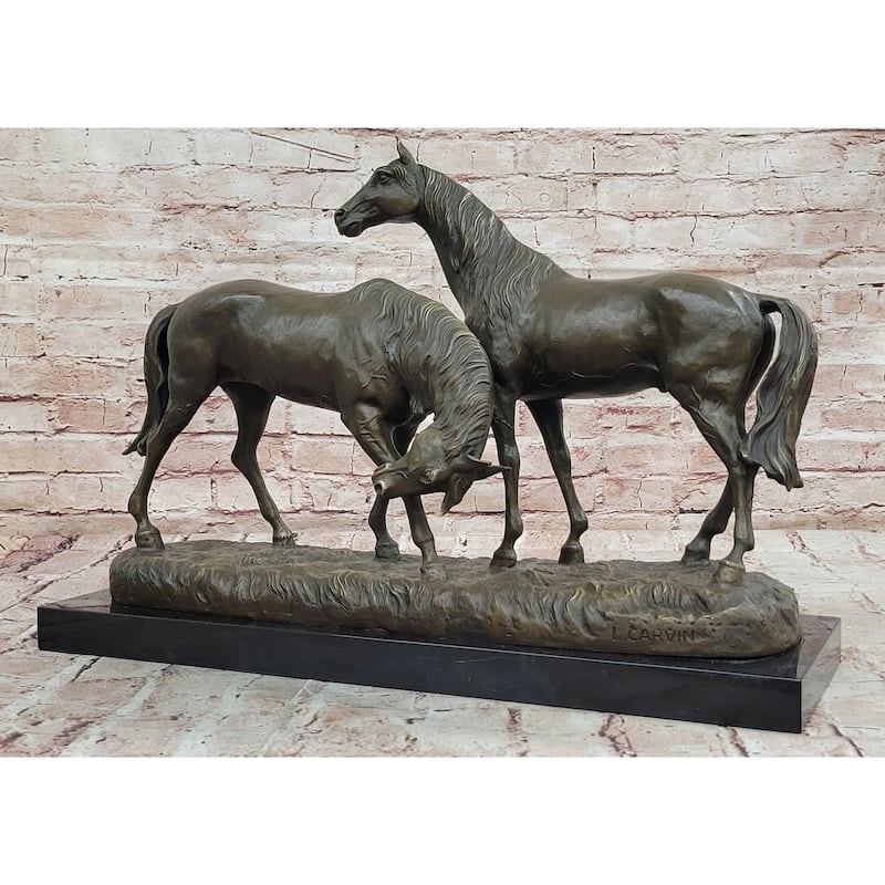Necking Imitative Horses Equestrian Imitative Horse Lover Bronze Sculpture Statue Art Figure Marble Base
