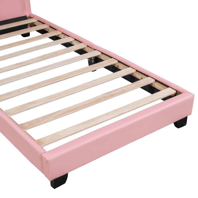 Adorable Twin/Full Upholstered Platform Bed with Rabbit Design, PU Leather, Sturdy Wood Frame, No Box Spring Needed