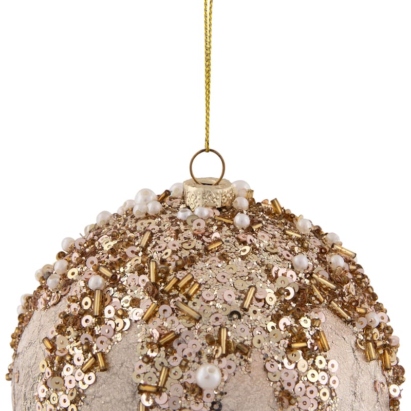 Beaded Sequin Shatterproof Christmas Ball Ornament - 4" - Champagne Gold