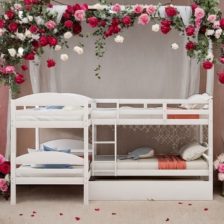 Modern 4 Beds Twin Over Twin L-Shaped Bunk Bed With Trundle,Solid Construction,Designed For Family's safety