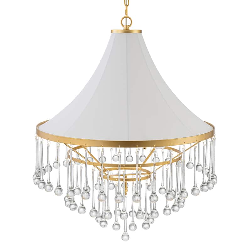 Brushed Gold Crystal Tiered Chandelier with Linen Shade Dining Room - Dia.23.62-in