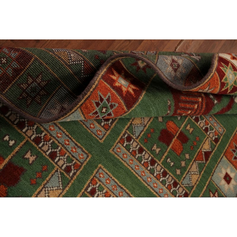 Tribal Green Kazak Indian Runner Rug Hand-Knotted Wool Carpet - 3'11"x 9'10"