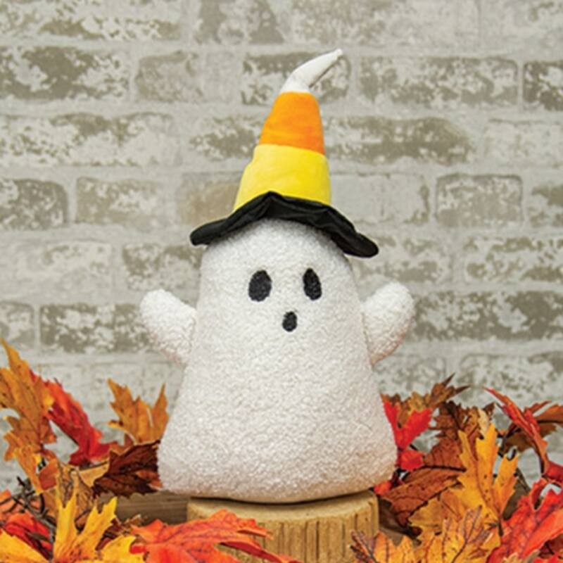 7 Inch White Plush Ghost with Candy Corn Witch Hat Halloween Stuffed Toy Decoration - 7" H x 7" W