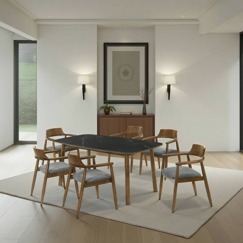 71 in. Emorie Mid-Century Modern Rectangle Wood Dining Table in Walnut Finish with Sintered Stone Top 