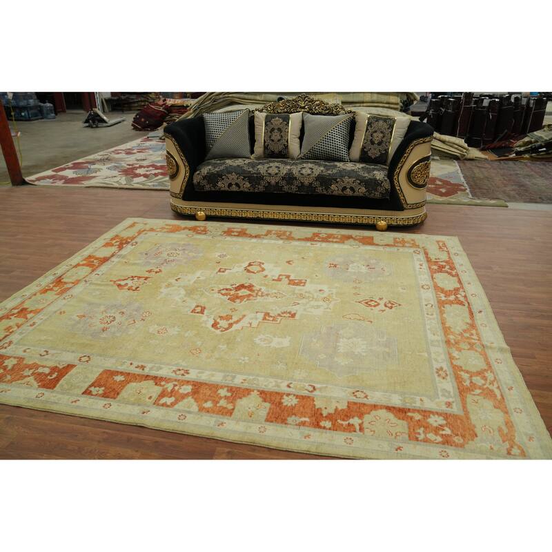 Vegetable Dye Wool Oushak Turkish Area Rug, Floral Geometric Carpet - 10' 0'' X 8' 4''