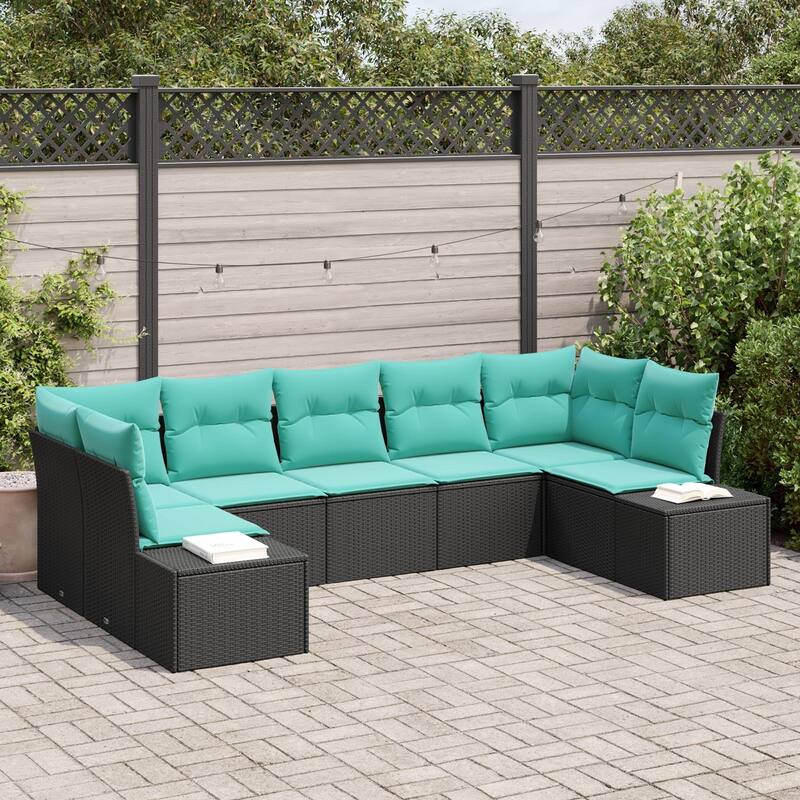vidaXL 7 Garden Sofa Set with Cushions Black Poly Rattan - 113.8 x 60.6 x 27.2
