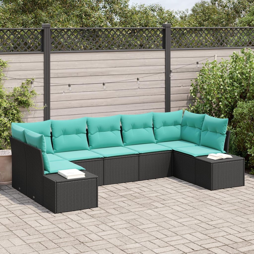 vidaXL 7 Garden Sofa Set with Cushions Black Poly Rattan - 113.8 x 60.6 x 27.2