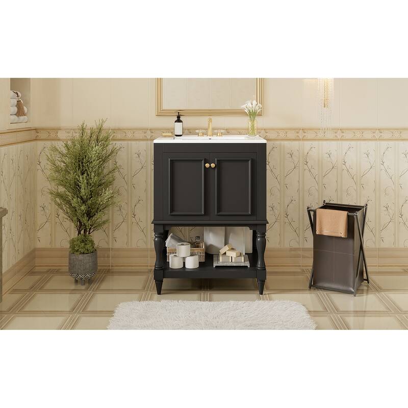 24 inch Modern Luxury Bathroom Vanity with Ceramic Sink, Bathroom Cabinet with Open Shelf and Closed Storage